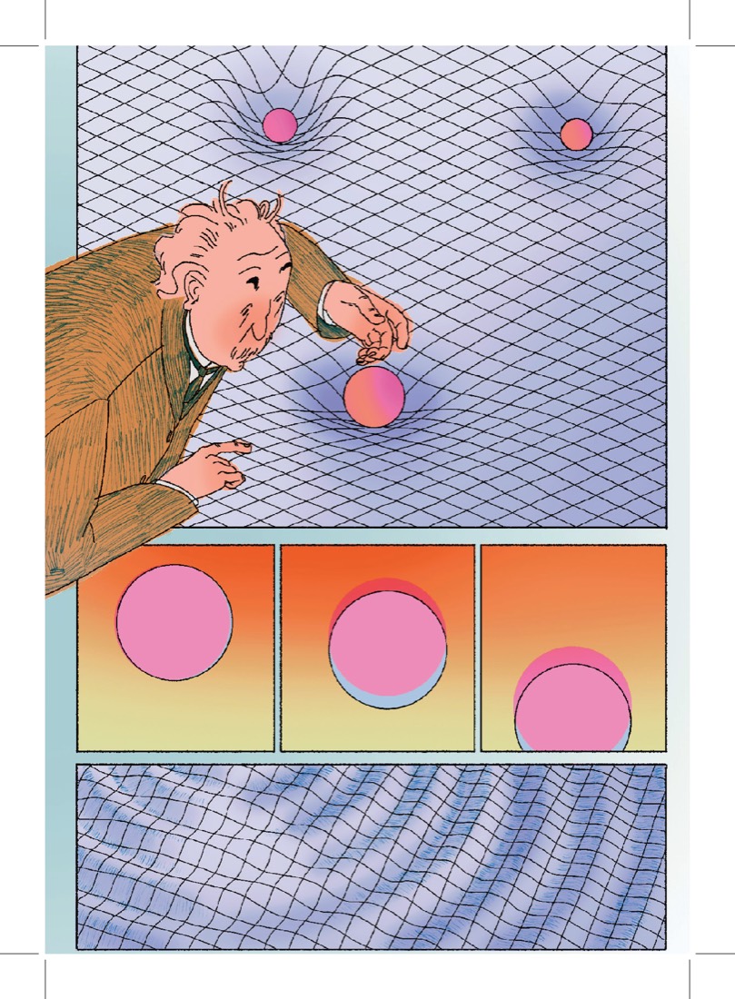 Einstein illustration with spacetime grid, art by Freja Ytting