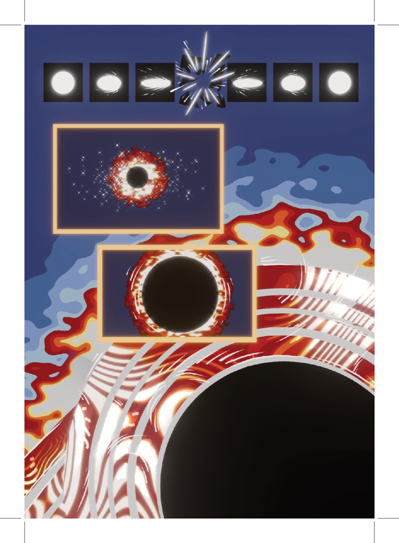 Black hole illustration in warm colours, art by Pelle Ditmer
